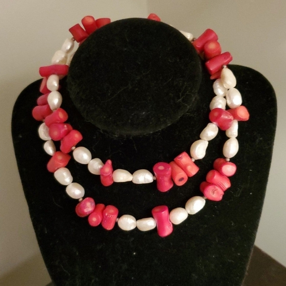 Genuine large baroque fresh water pearls and red coral necklace